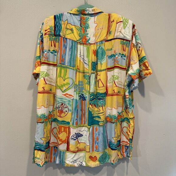 Vintage Button Down Tropical Shirt Patchwork Yellow Rayon Beach Women sz 22W - Picture 7 of 9